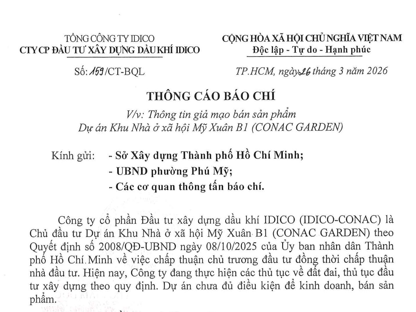 Thông cáo báo chí về thông tin giả mạo bán sản phẩm dự án CONAC GARDEN